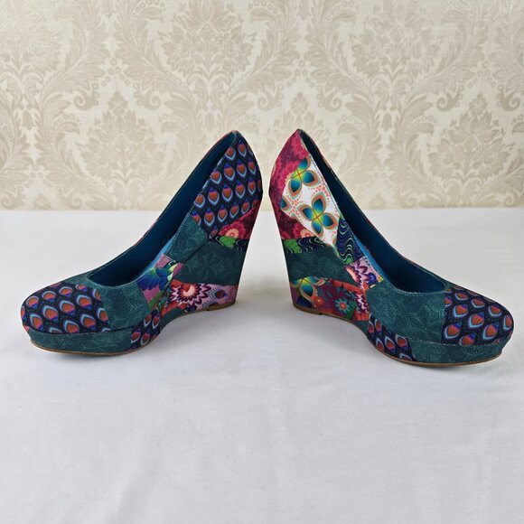 Desigual Size 38 (US 7.5-8) Multicolor Printed Fabric Wedge Heel Round Toe - Picture 7 of 15